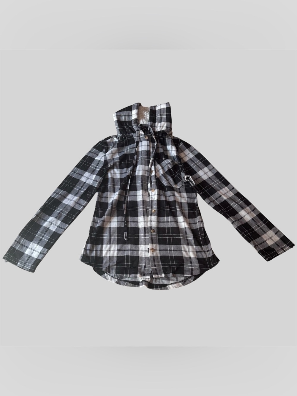 Junior’s Plaid Flannel Button-Up Top with Hood